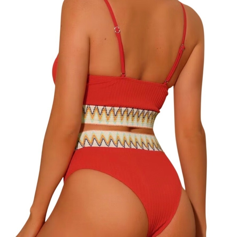 SEAMOLY Red Boho Rainbow Trim Bikini‎ Set High Waisted XS Beach Pool Gym Cruise - Picture 9 of 12